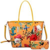 Fontanella Fashion Women's Fleur Glossy Flower Print Shoulder Tote Bag & Purse 2 in 1 in Mustard