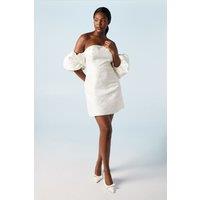 Lace Up Back Bardot Puff Sleeve Textured Bridal Mini Dress