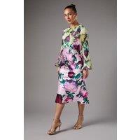 Mixed Print Chiffon Top Satin Skirt Midi Dress