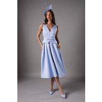 Lisa Tan Structured Satin Pleated Peplum Midi Dress