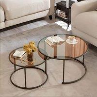 FURNOS Set Of 2 Round Nesting Tables With Tempered Glass Top Black