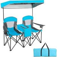 Gymax Double Sunshade Folding Chairs Outdoor 2-person Chairs in Blue