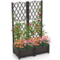 Costway Raised Garden Bed Double Box Garden Planter w/Trellis & Drainage Holes in Brown