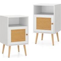 Costway 2Pcs Rattan Nightstand Bedside Table PE Rattan Decorated Door in White
