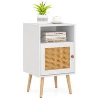 Costway Rattan Nightstand Bedroom Bedside Table PE Rattan Decorated Door in White