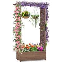 Costway Raised Garden Bed Fir Wood Planter Box with Hanging Roof in Brown