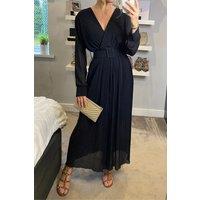 HOXTON GAL Women's Oversized V Neck with Belt Detailed Long Sleeves Maxi Dress in Black