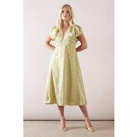 Wallis Women's Petite Satin Jacquard Pleat Detail Midi Dress in Green | Size: 12