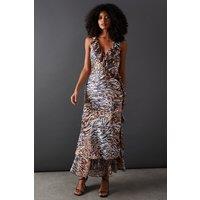 Warehouse Women's Animal Satin Wrap Chiffon Frill Detail Midi Dress | Size: 10
