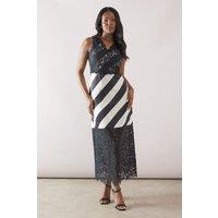 Wallis Women's Satin Stripe Lace Panel Maxi Dress in Black | Size: 12