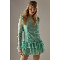 Warehouse Women's Lace Ruffle Insert Mini Dress in Sage | Size: 14