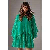 Chiffon Ruffle Flared Sleeve Mini Smock Cape Dress