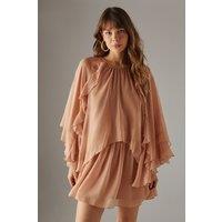 Chiffon Ruffle Flared Sleeve Mini Smock Cape Dress