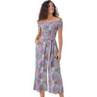 Dusk Women's Floral Shirred Stretch Bardot Jumpsuit in Blue | Size: 16