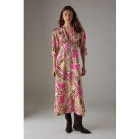 Viscose Paisley V Neck Puff Sleeve Midi