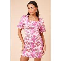 DP Luxe Pink Floral Jacquard Square Neck Mini Dress