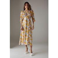 Warehouse Women's Viscose Floral V Neck Puff Sleeve Midi Dress | Size: 8
