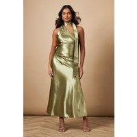 Oasis Women's Metallic Satin Tie Neck Dress in Olive | Size: 14