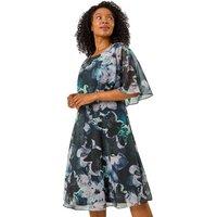 Roman Women's Petite Abstract Floral Print Cape Dress in Black | Size: 8
