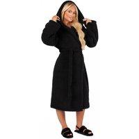 OHS Teddy Fleece Long Dressing Gown Warm House Coat Hooded in Black