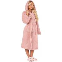 OHS Teddy Fleece Long Dressing Gown Warm House Coat Hooded in Pink