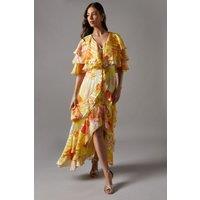 Printed Burnout Ruffle Maxi Dress