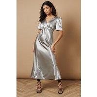 Oasis Women's Petite Metallic Satin Midi Dress in Silver | Size: 10