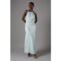 Jacquard Halter Neck Sleeveless Frill Maxi Holiday Dress