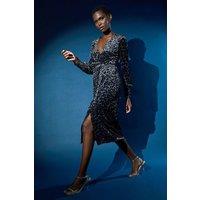 Roman Women's Leopard Print Velvet Wrap Midi Dress in Silver | Size: 10