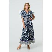 Izabel London Women's Mosaic Print Ruffle Batwing Sleeve Maxi Dress in Blue | Size: 8-10