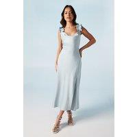 Oasis Women's Ruffle Shoulder Detail Satin Bridesmaid Midi Dress in Light Blue | Size: 14