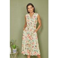 Yumi Women's Ivory Floral Print Mesh Stretch Midi Dress With Pockets | Size: 14