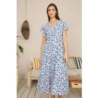 Yumi Women's Blue Floral Printed Broderie Anglaise Ruched Waist Midi Dress | Size: 20