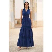 Yumi Women's Navy Lace Trim Cotton Midi Sun Dress | Size: Medium