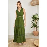 Yumi Women's Green Lace Trim Cotton Midi Sun Dress | Size: Medium