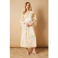Oasis Women's Floral Hand Embellished Trim V Neck Batwing Maxi Dress | Size: 8