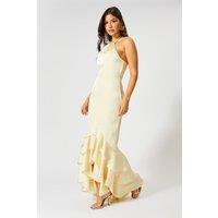 MissPap Women's Satin Frill Hem Hater Neck Maxi Dress in Yellow | Size: 8
