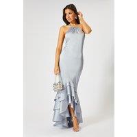 MissPap Women's Satin Frill Hem Hater Neck Maxi Dress in Blue | Size: 12