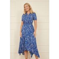 Yumi Women's Blue Leaf Print Dip Hem Midi Shirt Dress | Size: 14