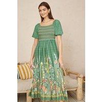 Yumi Women's Green Ruched Leaf Print Maxi Dress With Puff Sleeves | Size: 16