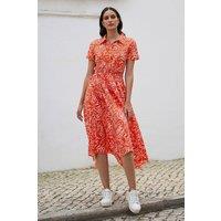 Yumi Women's Coral Tropical Leaf print Midi Ruched Shirt Dress | Size: 14