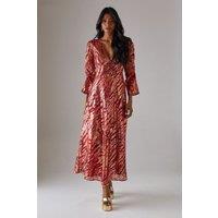 Metallic Jacquard Ruched Sleeve Plunge Neck Bias Midi Dress