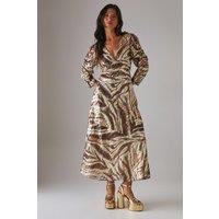 Metallic Jacquard Ruched Sleeve Plunge Neck Bias Midi Dress