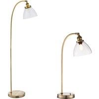 Loops Standing Floor & Table Lamp Set Antique Brass Glass Shade Retro Industrial Light in Clear
