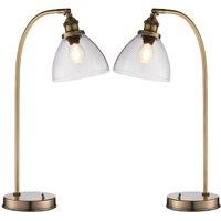 Loops 2 PACK Industrial Curved Table Lamp Antique Brass & Glass Modern Bedside Light in Clear
