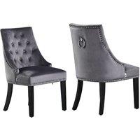 Life Interiors Set of 2 'Windsor' Knocker Back Velvet Dining Chairs Solid Wood Legs in Dark Grey