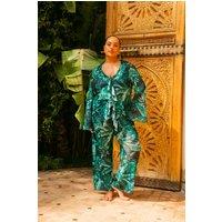 FASHION-SZN Women's Curve Palm Print Wide Leg Resort Trouser in Green | Size: 24
