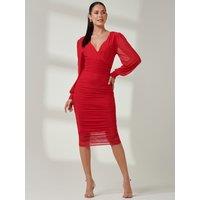 Jolie Moi Women's Long Sleeve Ruched Mesh Midi Dress in Red | Size: 8