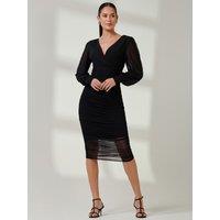 Jolie Moi Women's Long Sleeve Ruched Mesh Midi Dress in Black | Size: 8