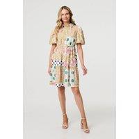 Izabel London Women's Patchwork Print Knee Length Shirt Dress in Yellow | Size: 14